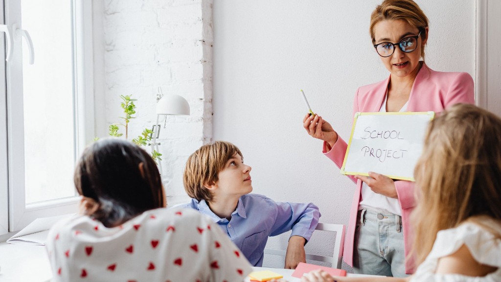 Lehrkraft mit Schülerinnen und Schülern im Klassenzimmer beim Schulprojekt