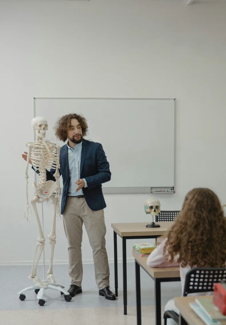 Lehrer steht in der Mitte des Klassenzimmers und präsentiert ein menschliches Skelettmodell, das er mit der rechten Hand hält.